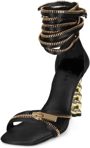 FYS Women Gold Metal Chain Block Heel Sandals Lace Up Zipper Strap Decor High Heels Dress Summer Party Prom Shoes Size 4-15 US