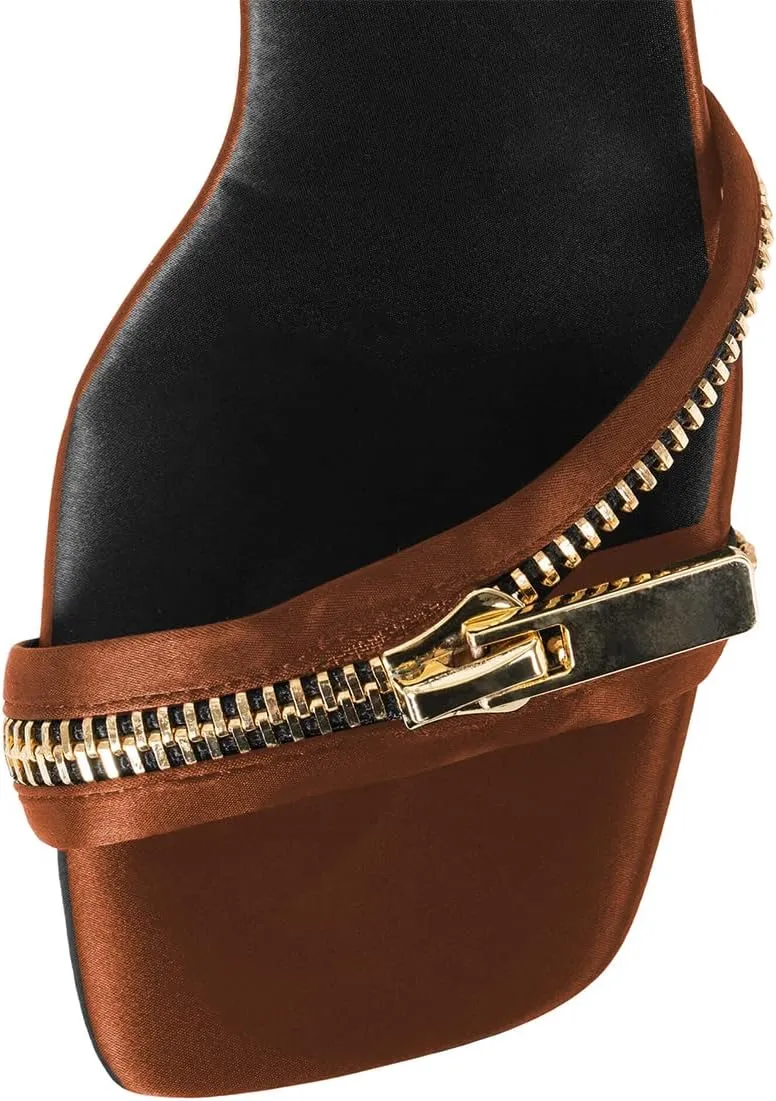 FYS Women Gold Metal Chain Block Heel Sandals Lace Up Zipper Strap Decor High Heels Dress Summer Party Prom Shoes Size 4-15 US