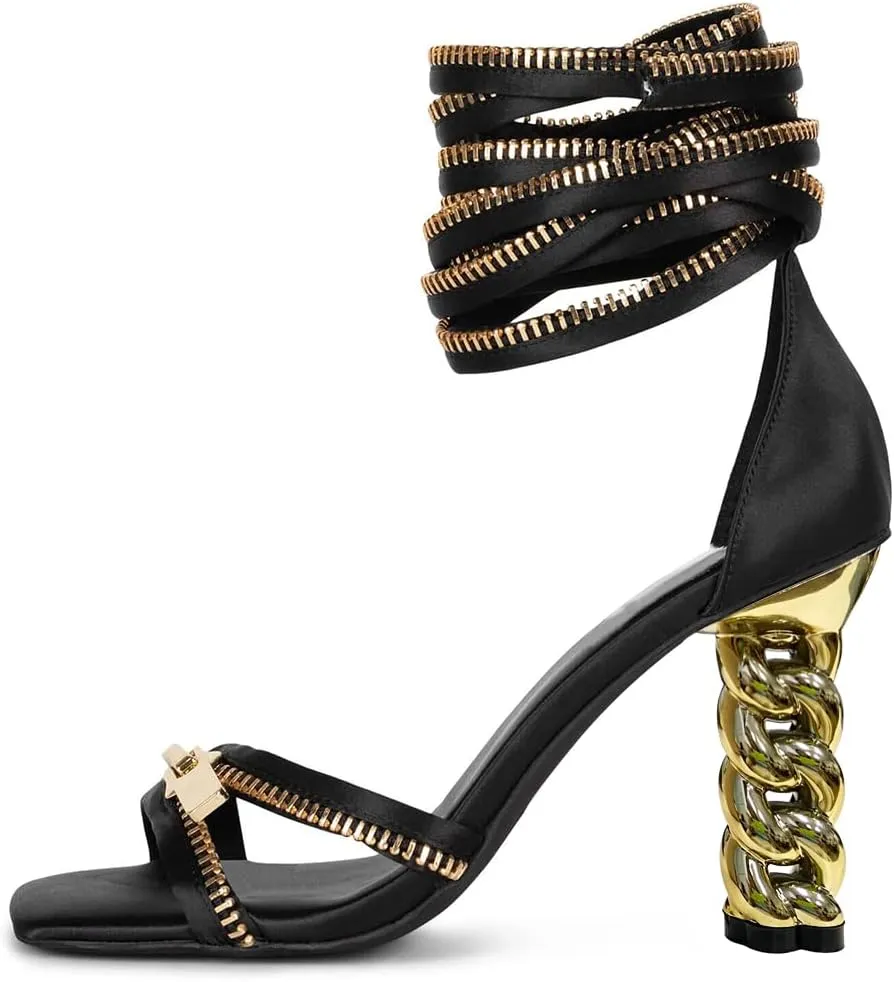 FYS Women Gold Metal Chain Block Heel Sandals Lace Up Zipper Strap Decor High Heels Dress Summer Party Prom Shoes Size 4-15 US