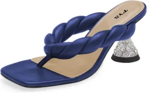 FYS Women Rhinestone Kitten Heel Thong Sandals Square Open Toe Heeled Mules Sexy Flip Flops Slippers Summer Dress Party Prom Backless Shoes Size 4-15 US