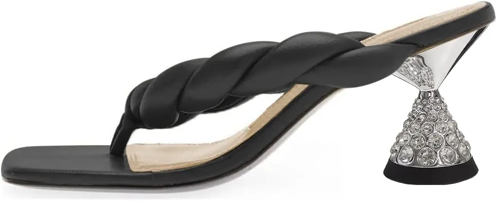 FYS Women Rhinestone Kitten Heel Thong Sandals Square Open Toe Heeled Mules Sexy Flip Flops Slippers Summer Dress Party Prom Backless Shoes Size 4-15 US