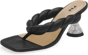 FYS Women Rhinestone Kitten Heel Thong Sandals Square Open Toe Heeled Mules Sexy Flip Flops Slippers Summer Dress Party Prom Backless Shoes Size 4-15 US