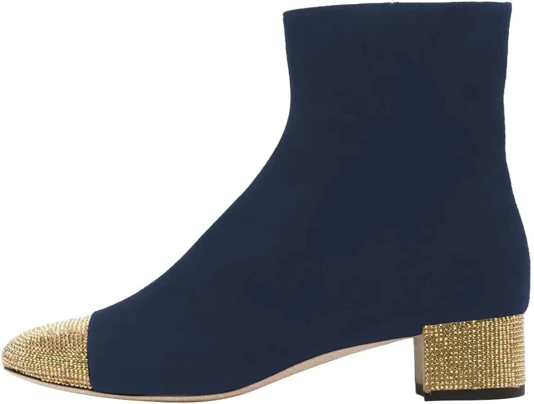 FYS Women Rhinestone Studded Cap Toe Ankle Boots Two Toned Block Low Heel Short Booties Side Zipper Fashion Party Proms Dress Shoes Size 4-16 US