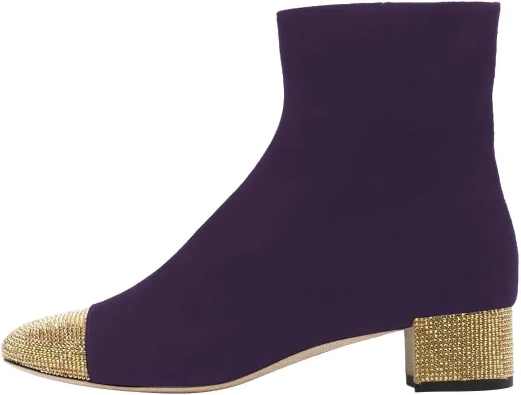 FYS Women Rhinestone Studded Cap Toe Ankle Boots Two Toned Block Low Heel Short Booties Side Zipper Fashion Party Proms Dress Shoes Size 4-16 US