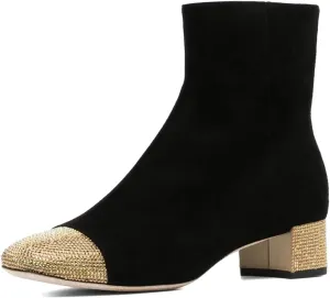 FYS Women Rhinestone Studded Cap Toe Ankle Boots Two Toned Block Low Heel Short Booties Side Zipper Fashion Party Proms Dress Shoes Size 4-16 US