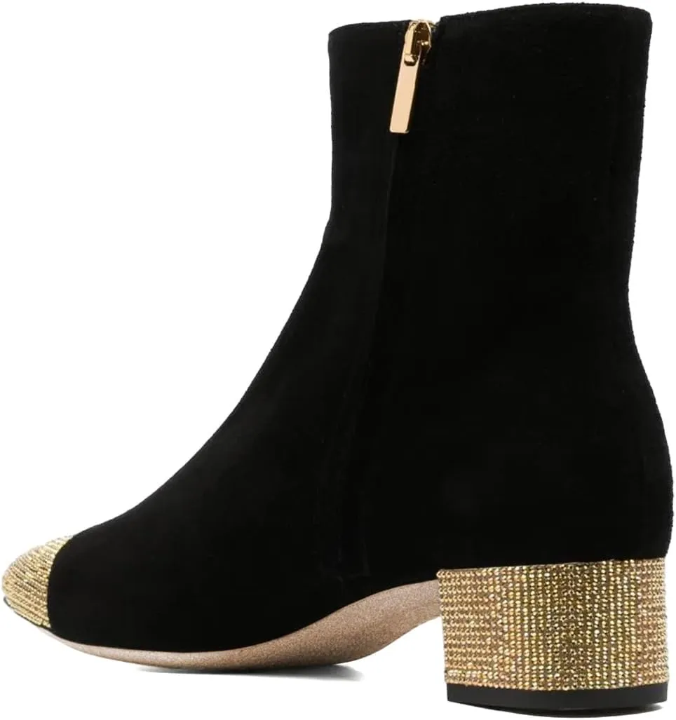 FYS Women Rhinestone Studded Cap Toe Ankle Boots Two Toned Block Low Heel Short Booties Side Zipper Fashion Party Proms Dress Shoes Size 4-16 US
