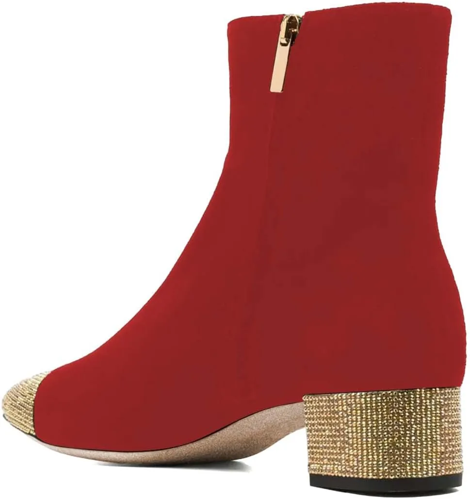 FYS Women Rhinestone Studded Cap Toe Ankle Boots Two Toned Block Low Heel Short Booties Side Zipper Fashion Party Proms Dress Shoes Size 4-16 US