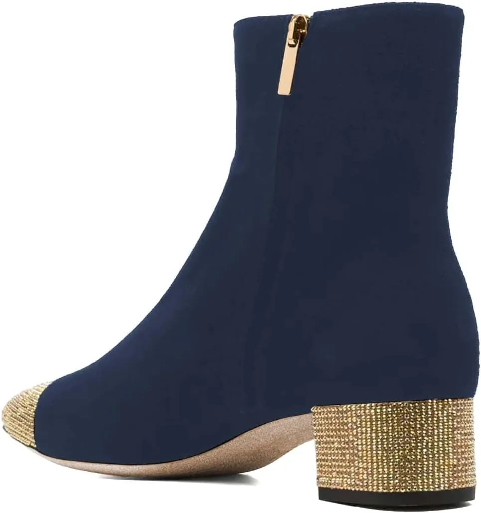 FYS Women Rhinestone Studded Cap Toe Ankle Boots Two Toned Block Low Heel Short Booties Side Zipper Fashion Party Proms Dress Shoes Size 4-16 US