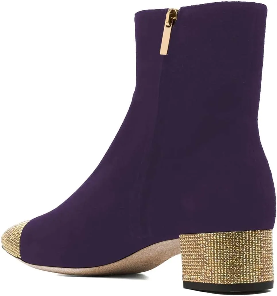 FYS Women Rhinestone Studded Cap Toe Ankle Boots Two Toned Block Low Heel Short Booties Side Zipper Fashion Party Proms Dress Shoes Size 4-16 US
