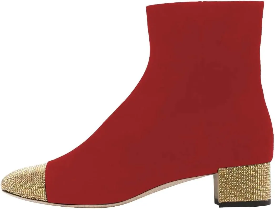 FYS Women Rhinestone Studded Cap Toe Ankle Boots Two Toned Block Low Heel Short Booties Side Zipper Fashion Party Proms Dress Shoes Size 4-16 US