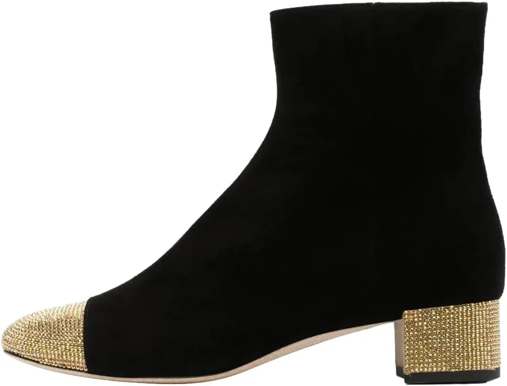 FYS Women Rhinestone Studded Cap Toe Ankle Boots Two Toned Block Low Heel Short Booties Side Zipper Fashion Party Proms Dress Shoes Size 4-16 US