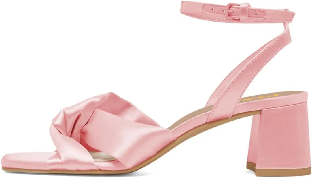 FYS Women Square Open Toe Knot Sandals Ankle Strap Chunky Block Low Heels Prom Party Dance Shoes Size 4-16 US