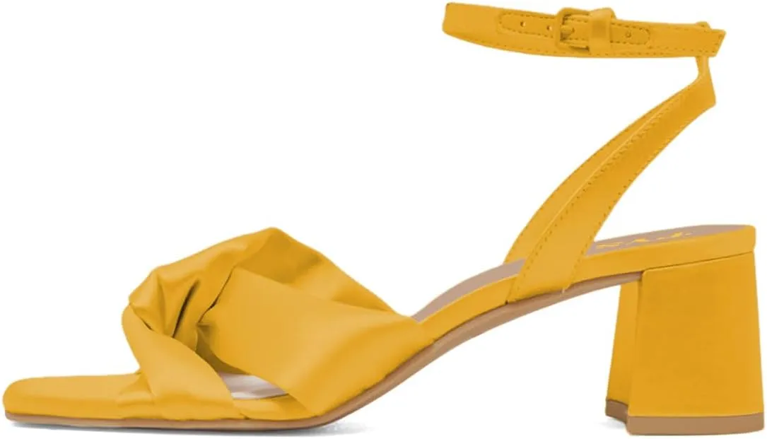 FYS Women Square Open Toe Knot Sandals Ankle Strap Chunky Block Low Heels Prom Party Dance Shoes Size 4-16 US