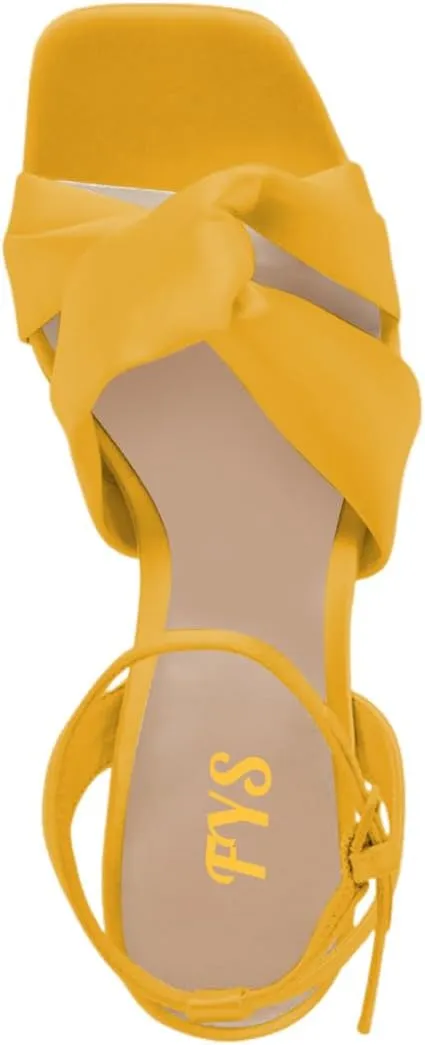 FYS Women Square Open Toe Knot Sandals Ankle Strap Chunky Block Low Heels Prom Party Dance Shoes Size 4-16 US