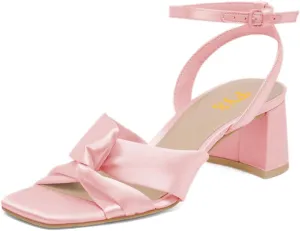 FYS Women Square Open Toe Knot Sandals Ankle Strap Chunky Block Low Heels Prom Party Dance Shoes Size 4-16 US