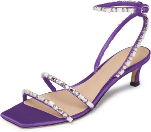 FYS Women's Square Open Toe Sandals Rhinestone Studded Kitten Low Heels Ankle Strap Evening Party Prom Shoes Size 4-16 US
