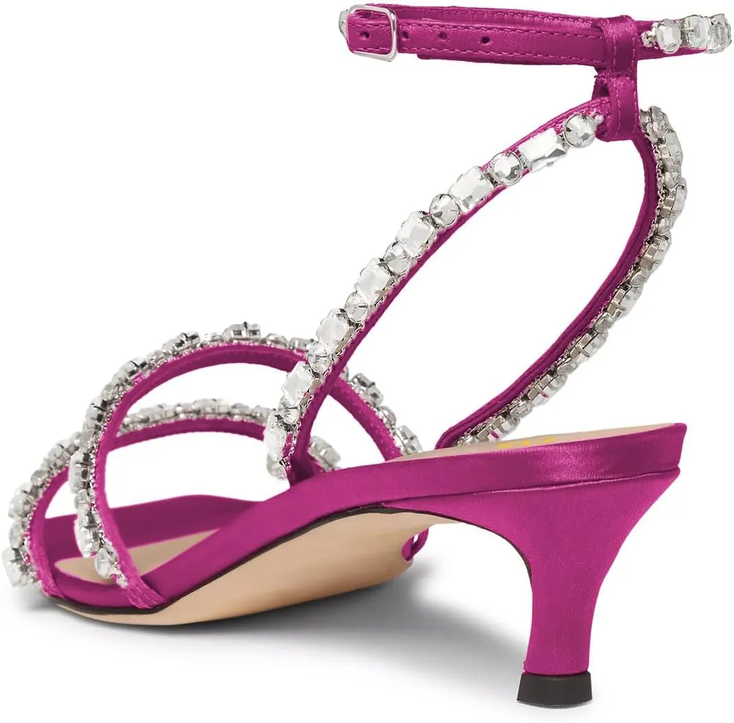 FYS Women's Square Open Toe Sandals Rhinestone Studded Kitten Low Heels Ankle Strap Evening Party Prom Shoes Size 4-16 US