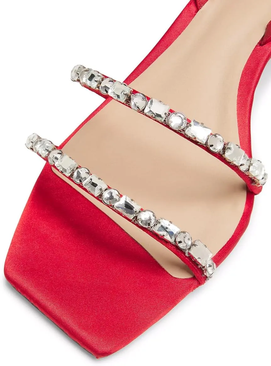 FYS Women's Square Open Toe Sandals Rhinestone Studded Kitten Low Heels Ankle Strap Evening Party Prom Shoes Size 4-16 US