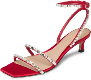 FYS Women's Square Open Toe Sandals Rhinestone Studded Kitten Low Heels Ankle Strap Evening Party Prom Shoes Size 4-16 US