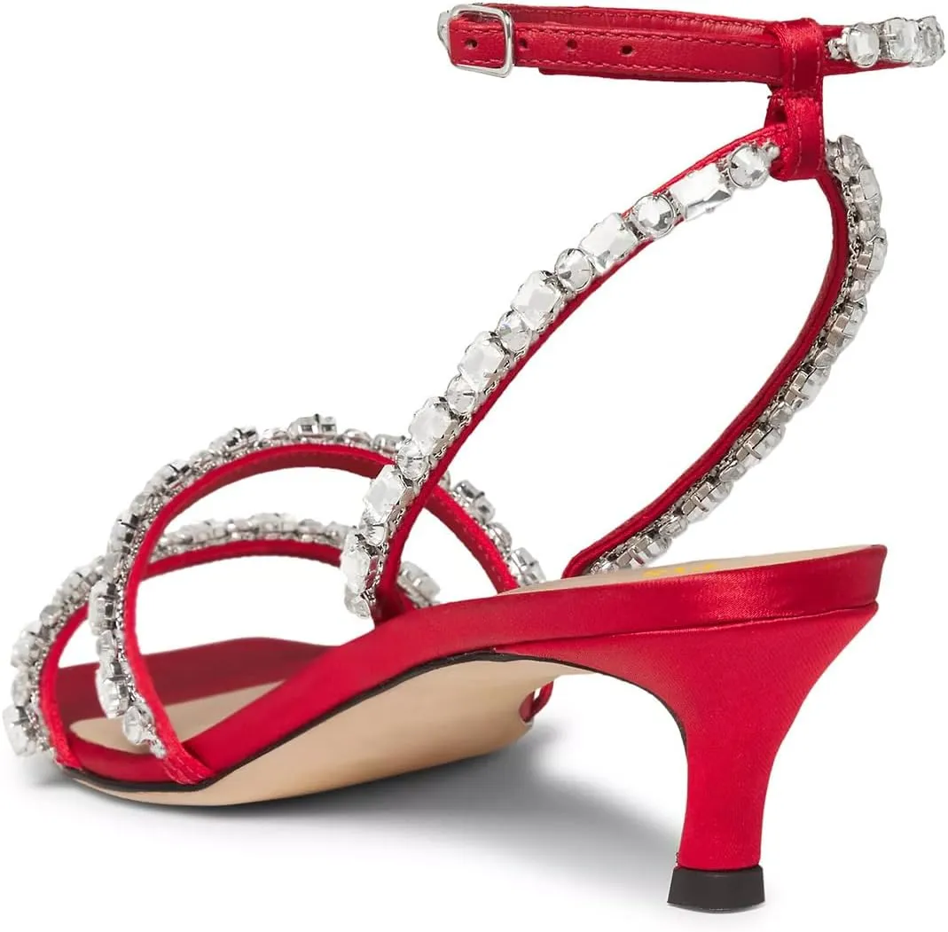 FYS Women's Square Open Toe Sandals Rhinestone Studded Kitten Low Heels Ankle Strap Evening Party Prom Shoes Size 4-16 US