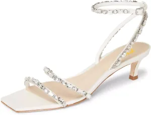 FYS Women's Square Open Toe Sandals Rhinestone Studded Kitten Low Heels Ankle Strap Evening Party Prom Shoes Size 4-16 US