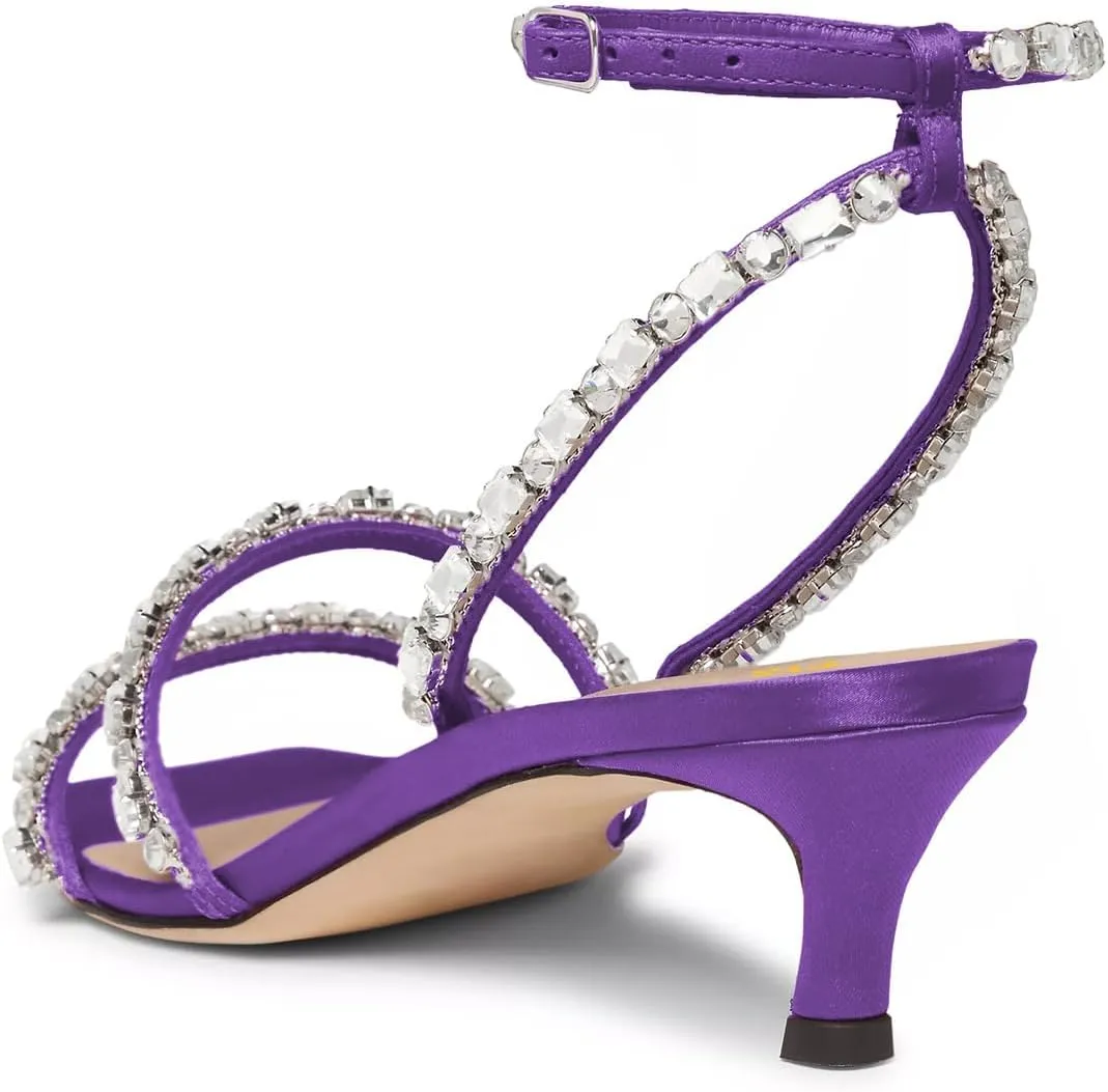 FYS Women's Square Open Toe Sandals Rhinestone Studded Kitten Low Heels Ankle Strap Evening Party Prom Shoes Size 4-16 US