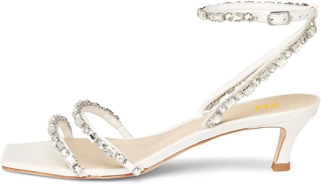 FYS Women's Square Open Toe Sandals Rhinestone Studded Kitten Low Heels Ankle Strap Evening Party Prom Shoes Size 4-16 US