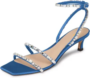 FYS Women's Square Open Toe Sandals Rhinestone Studded Kitten Low Heels Ankle Strap Evening Party Prom Shoes Size 4-16 US