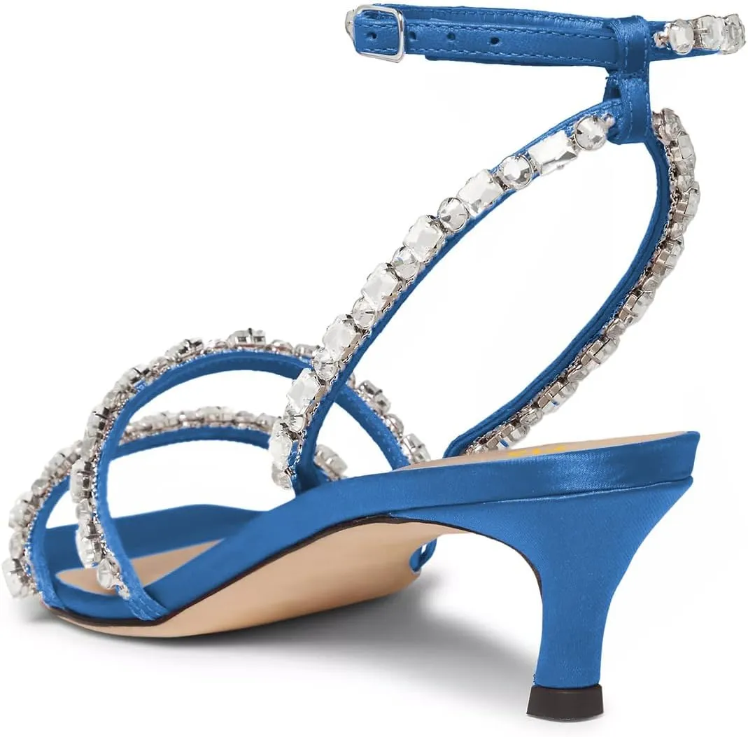 FYS Women's Square Open Toe Sandals Rhinestone Studded Kitten Low Heels Ankle Strap Evening Party Prom Shoes Size 4-16 US