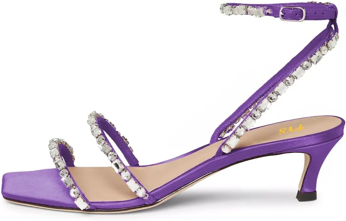 FYS Women's Square Open Toe Sandals Rhinestone Studded Kitten Low Heels Ankle Strap Evening Party Prom Shoes Size 4-16 US