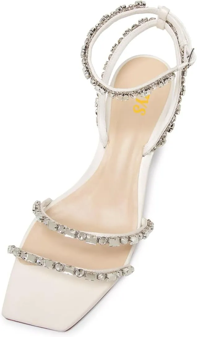 FYS Women's Square Open Toe Sandals Rhinestone Studded Kitten Low Heels Ankle Strap Evening Party Prom Shoes Size 4-16 US
