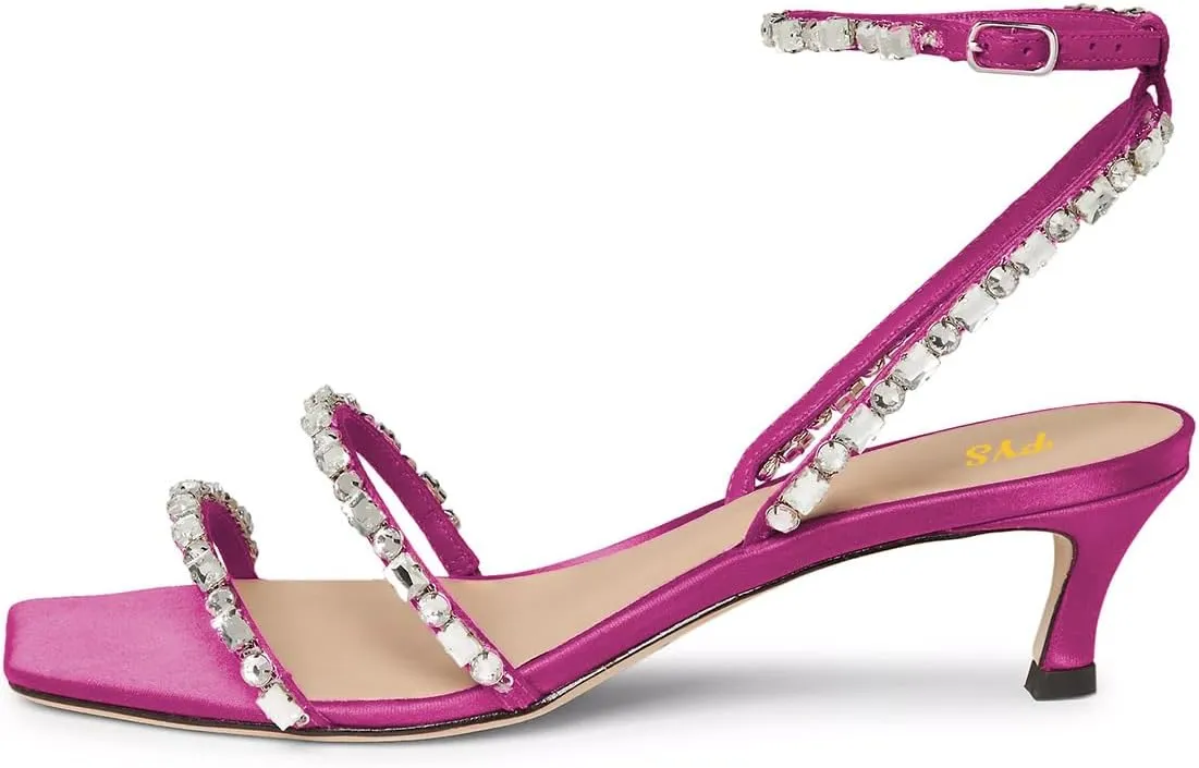 FYS Women's Square Open Toe Sandals Rhinestone Studded Kitten Low Heels Ankle Strap Evening Party Prom Shoes Size 4-16 US