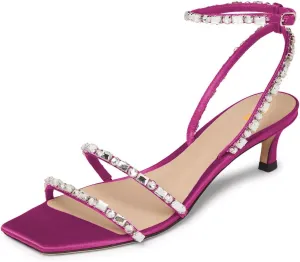 FYS Women's Square Open Toe Sandals Rhinestone Studded Kitten Low Heels Ankle Strap Evening Party Prom Shoes Size 4-16 US