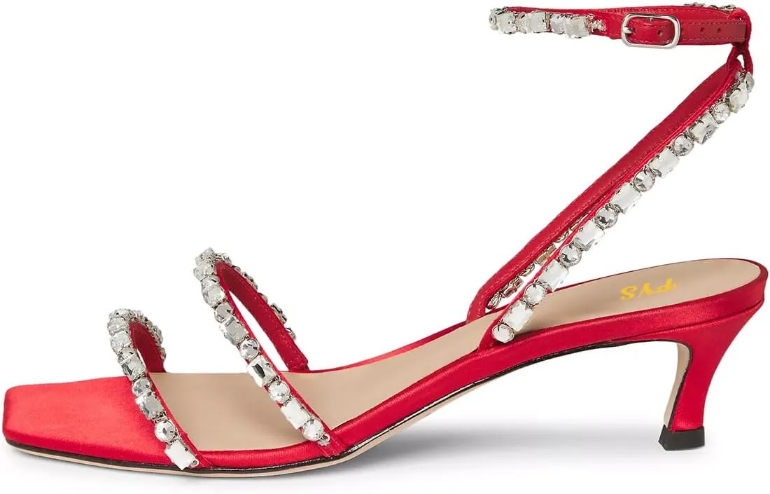 FYS Women's Square Open Toe Sandals Rhinestone Studded Kitten Low Heels Ankle Strap Evening Party Prom Shoes Size 4-16 US