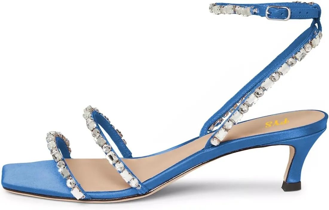 FYS Women's Square Open Toe Sandals Rhinestone Studded Kitten Low Heels Ankle Strap Evening Party Prom Shoes Size 4-16 US