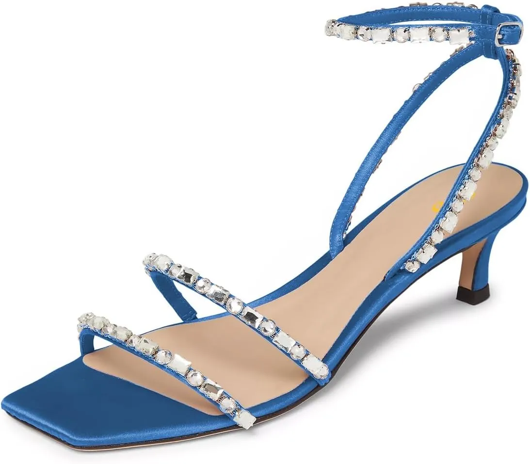 FYS Women's Square Open Toe Sandals Rhinestone Studded Kitten Low Heels Ankle Strap Evening Party Prom Shoes Size 4-16 US