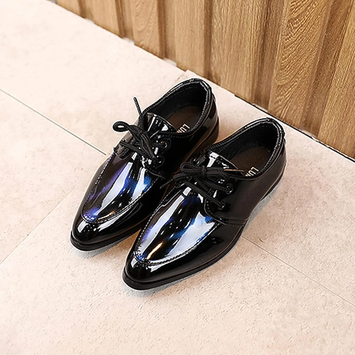 Girls Classic Oxfords Dress Shoes Pointed Toe Patent Formal Dress Shoes Lace Up Wedding Prom Footwear for Kids