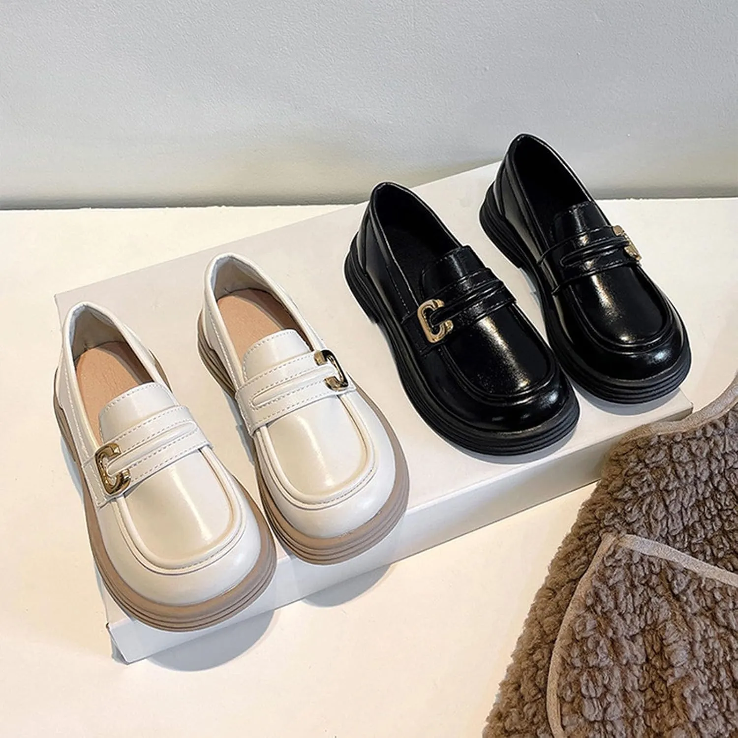 Girls Loafers Chunky Platform Classic Dress Shoes Big Little Kid PU Leather Rubber Sole Oxfor School Uniform Shoes