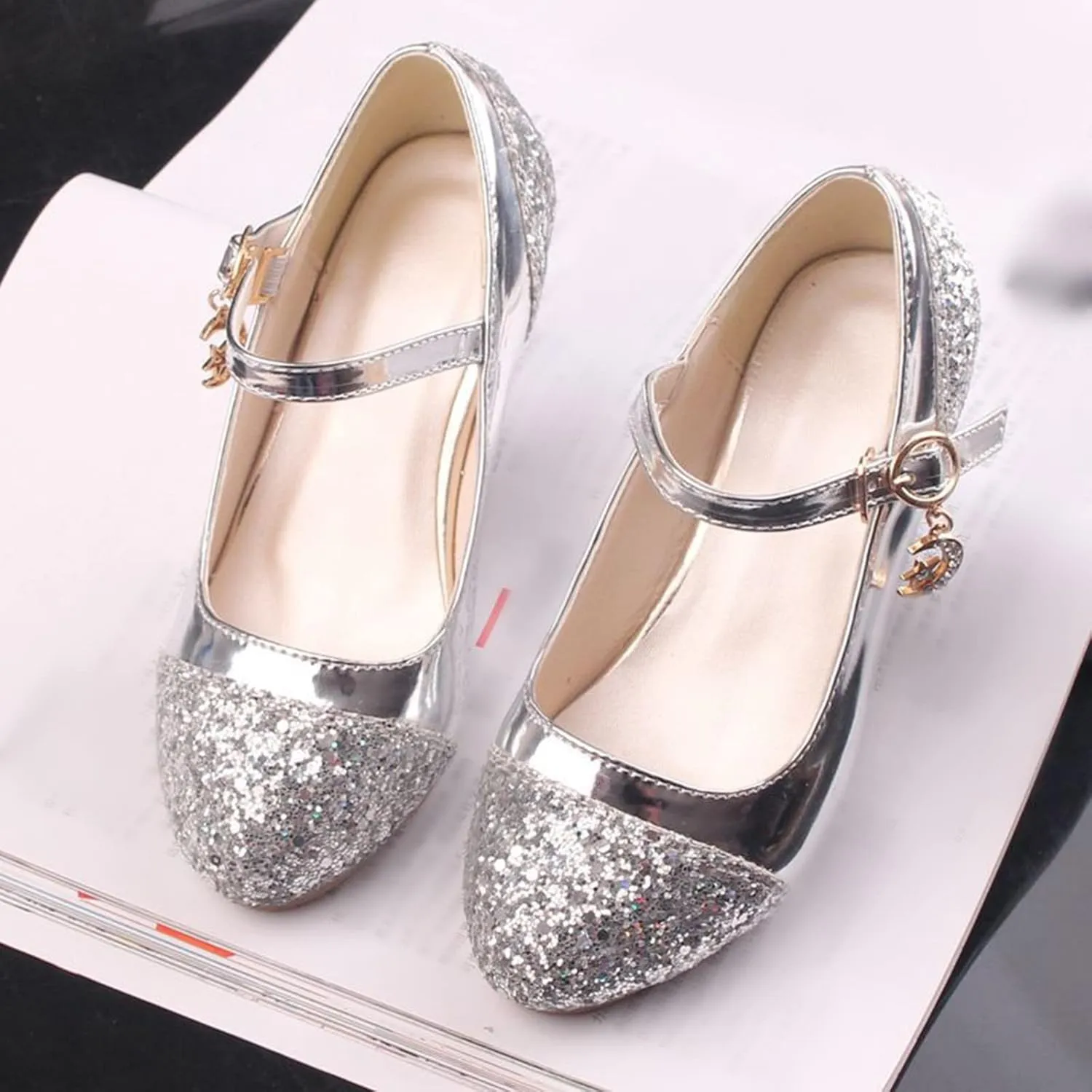 Girls Mary Jane Dress Shoes Low Heels Rhinestones Sparkle Flower Girl Wedding Toddler Girls Pump Shoes