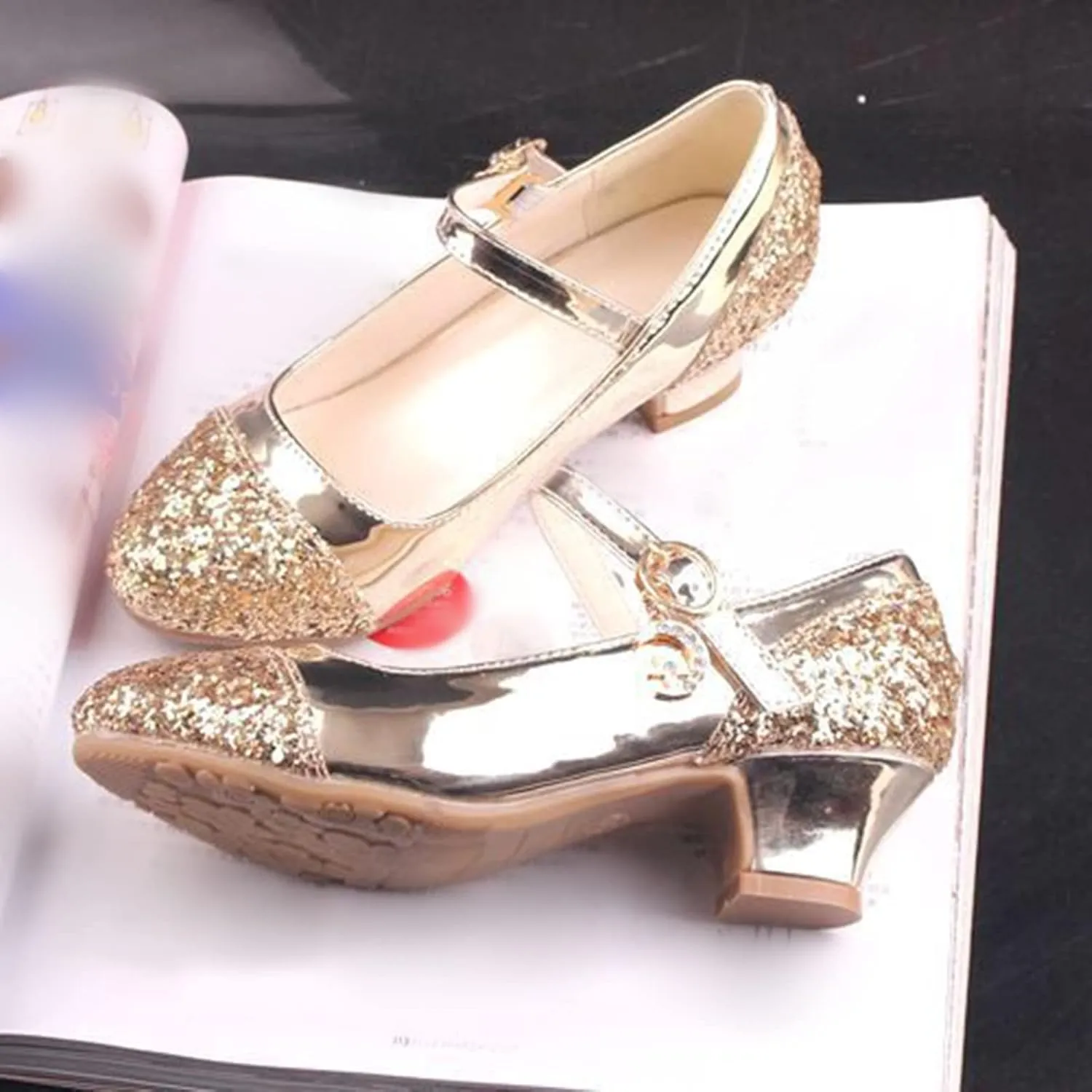 Girls Mary Jane Dress Shoes Low Heels Rhinestones Sparkle Flower Girl Wedding Toddler Girls Pump Shoes