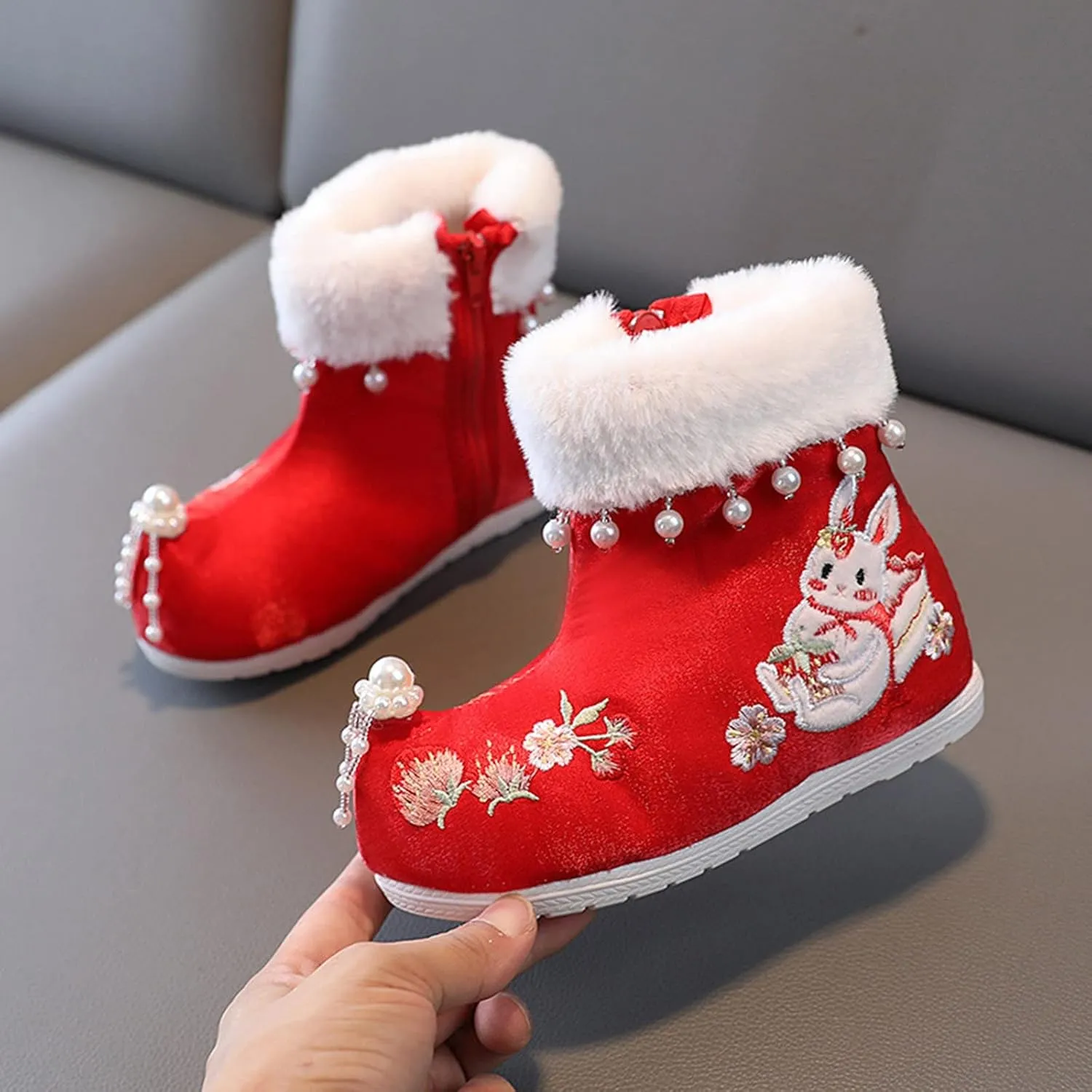 Girls Shoes Embroidery Shoes Girls Boots Winter Tang Dress New Year Cotton Boots Cake Rabbit Girls Heeled Shoes