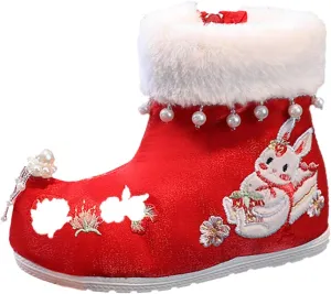 Girls Shoes Embroidery Shoes Girls Boots Winter Tang Dress New Year Cotton Boots Cake Rabbit Girls Heeled Shoes