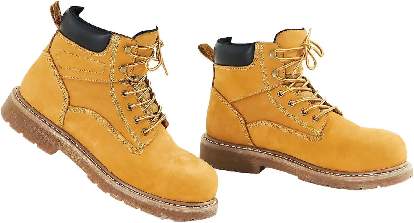 Happybuy Steel Toe Work Boots, US Size 10.5, Waterproof Slip-Resistant Boots for Men, Lightweight and Breathable Rubber Sole, Durable Construction for Industry & Work, Brown/Yellow