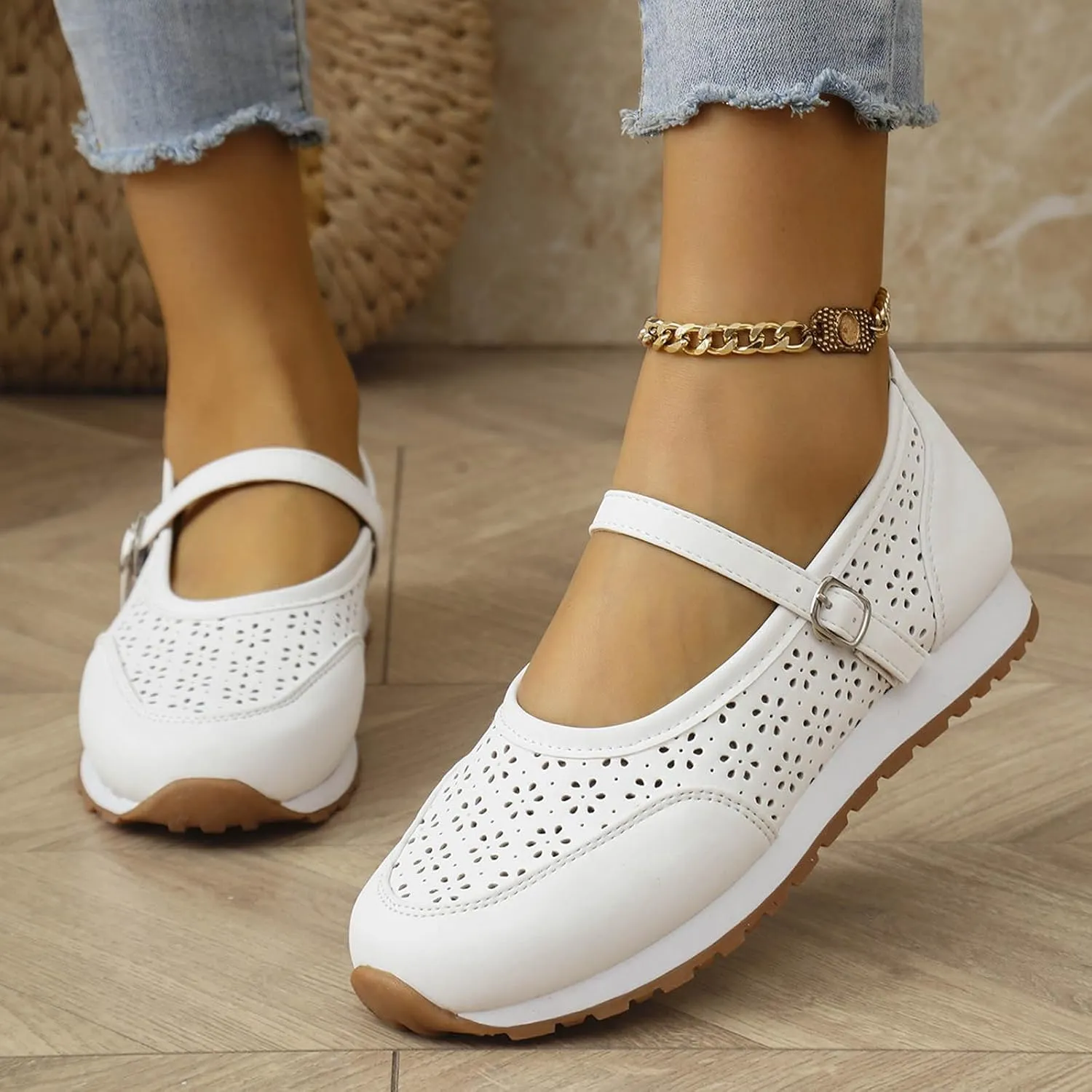 Leisure Women's Soft Sole Non Slip Flat Breathable Buckle Strap Lazy Shoes Womens Dressy Casual Shoes