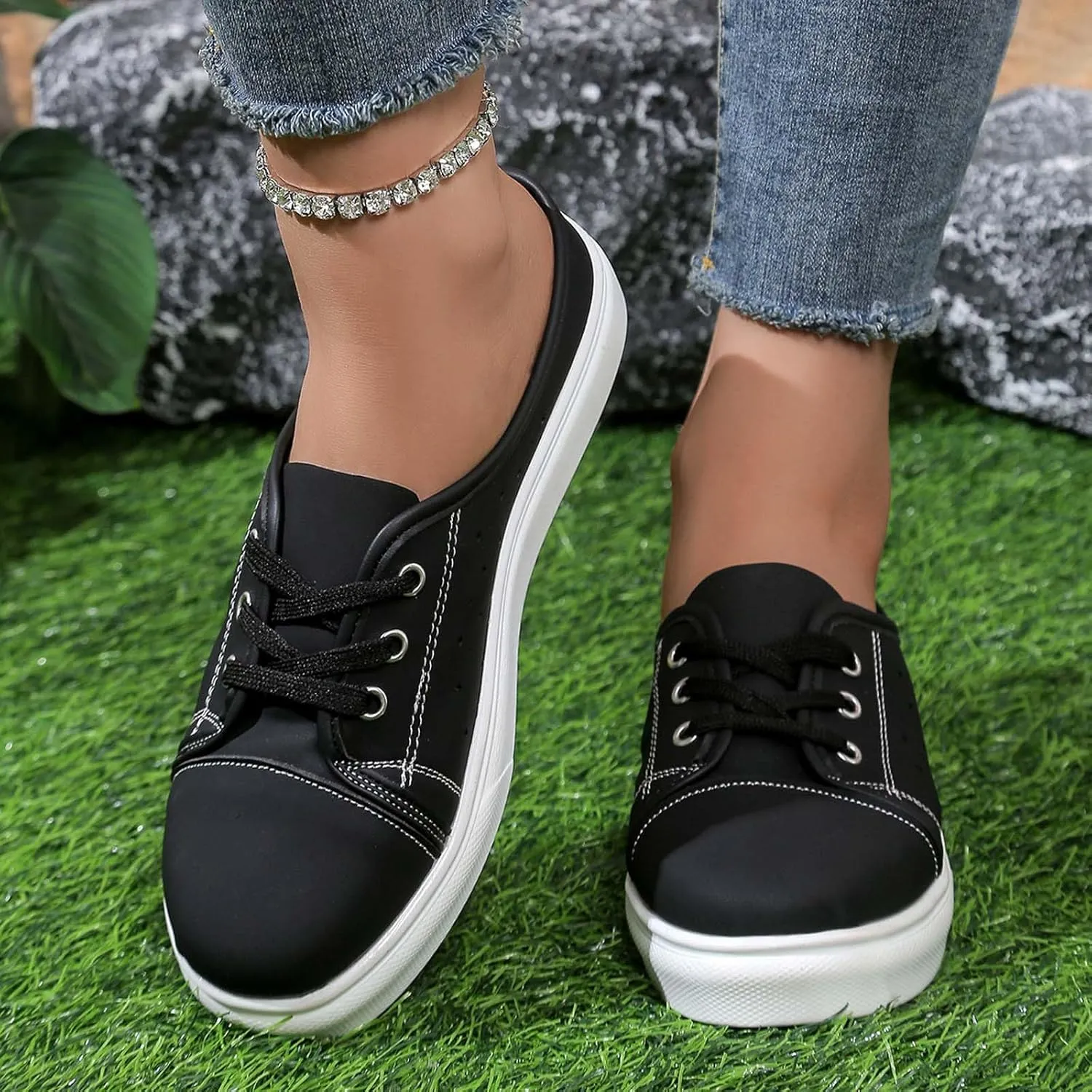 Leisure Women's Soft Sole Non Slip Flat Breathable Slip On Lazy Shoes Slippers Rhinestone Wedge Sandals Women