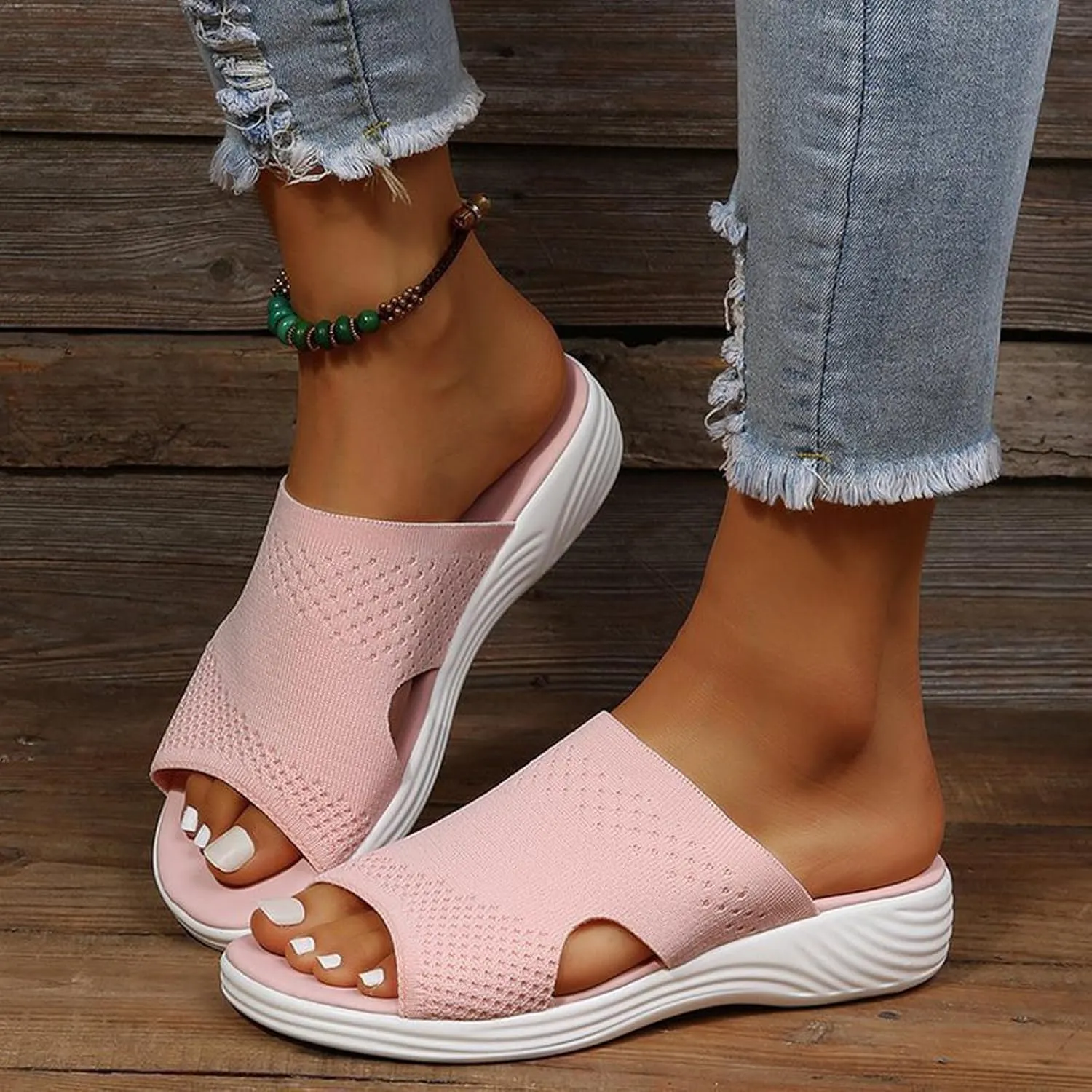 oiangi Sandals Women Dressy Summer Comfortable Wedge Slides Solid Breathable Open Toe Slip on Slipper Lightweight Outdoor Ladies Beach Travel Shoes