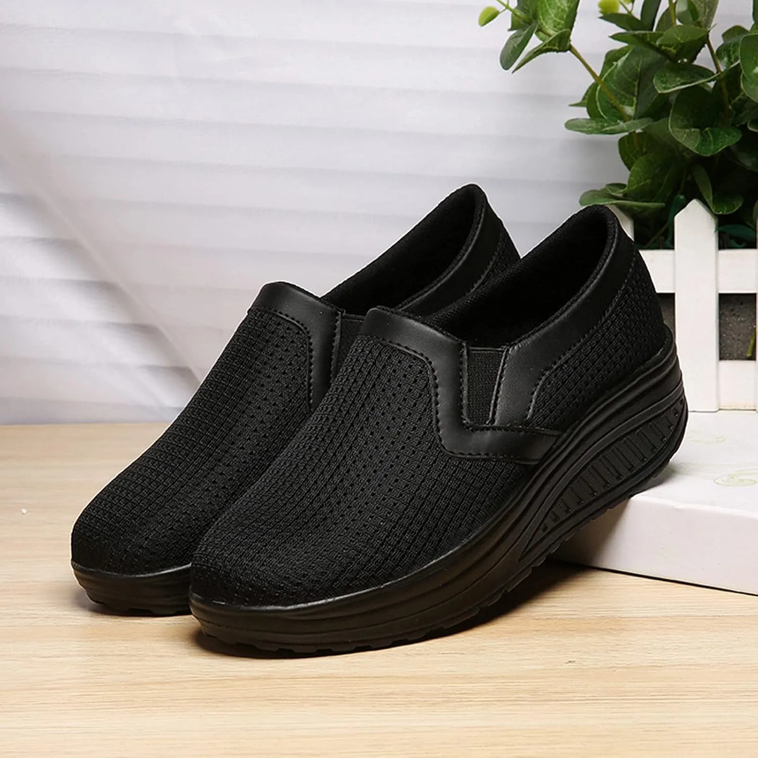 oiangi Women Wedge Shoes Breathable Mesh Sneakers Slip On Comfort Walking Shoes Fashion Casual Solid Color Round Toe Non-Slip Platform Sports Shoes