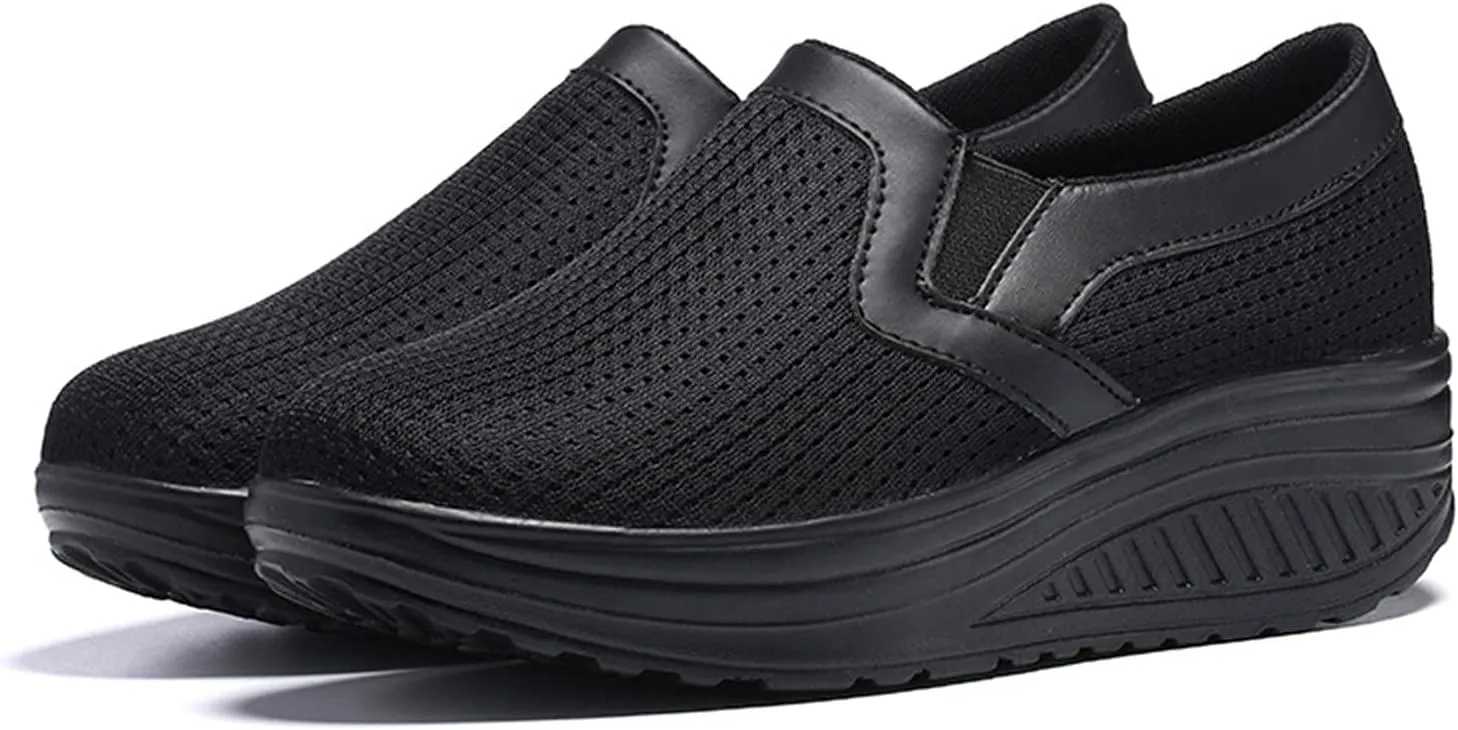 oiangi Women Wedge Shoes Breathable Mesh Sneakers Slip On Comfort Walking Shoes Fashion Casual Solid Color Round Toe Non-Slip Platform Sports Shoes