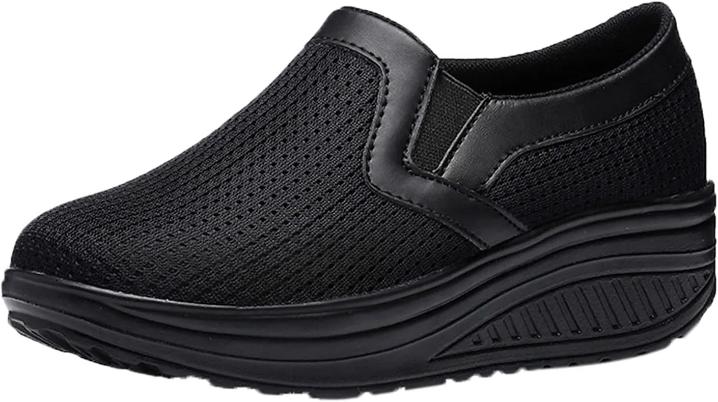 oiangi Women Wedge Shoes Breathable Mesh Sneakers Slip On Comfort Walking Shoes Fashion Casual Solid Color Round Toe Non-Slip Platform Sports Shoes