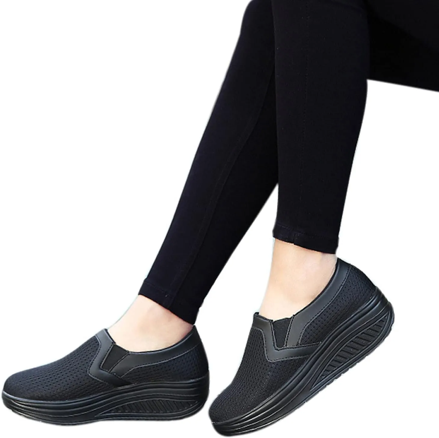 oiangi Women Wedge Shoes Breathable Mesh Sneakers Slip On Comfort Walking Shoes Fashion Casual Solid Color Round Toe Non-Slip Platform Sports Shoes